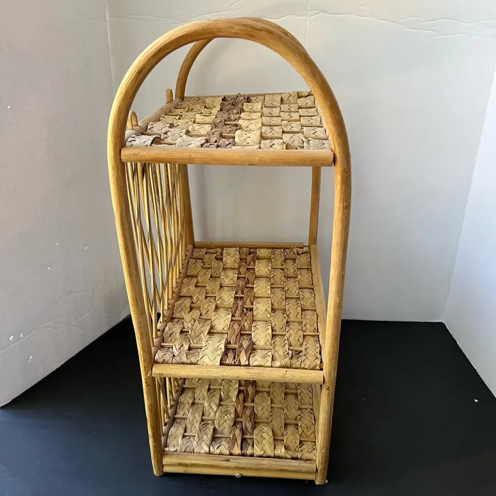 Vintage Wicker Rattan Wall Cabinet Shelf Hanging Bathroom Boho MCM Folding Towel